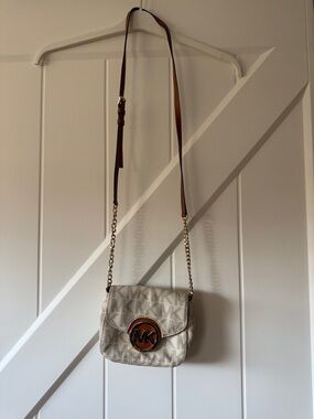 Michael Kors Beige Logo Crossbody with Brown Trim and Gold Accents